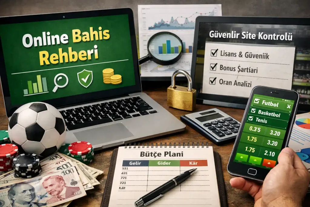 Online bahis stratejileri ve güvenli oyun yaklaşımını anlatan; bütçe planı, oran analizi ve lisans kontrolü gibi unsurları gösteren gerçekçi çalışma masası sahnesi