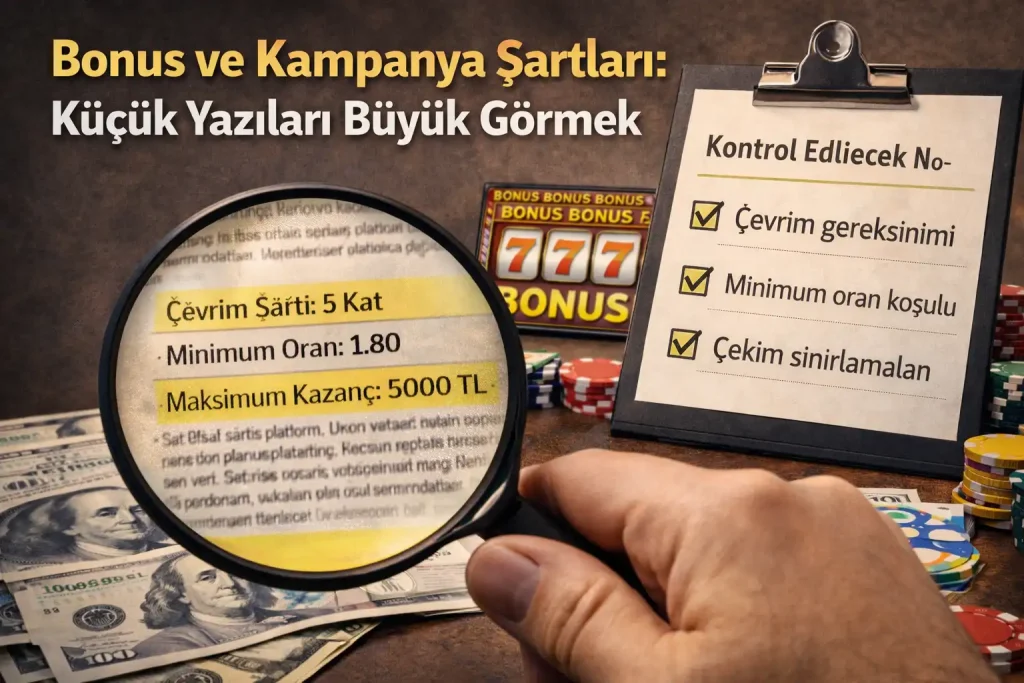 Online bahis bonus şartlarını dikkatle incelemeyi anlatan; büyüteçle çevrim gereksinimi ve çekim limitlerinin kontrol edildiği gerçekçi sahne